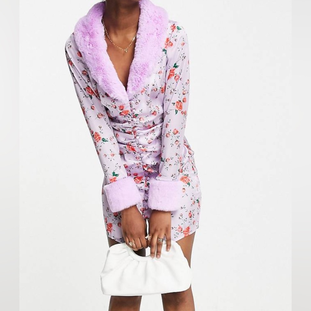 Fur Trim Ruched Dress